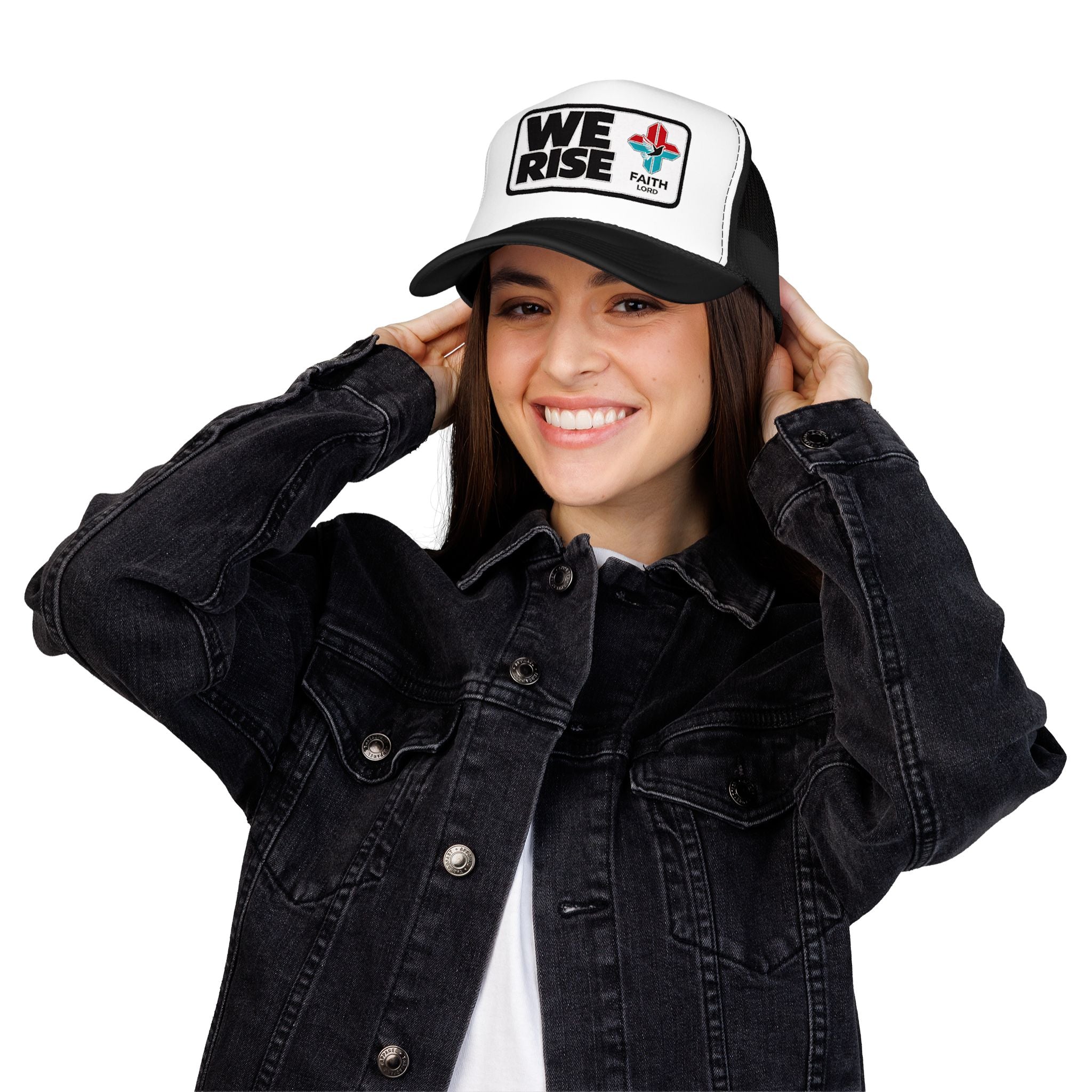 Christian Trucker Hat, We Rise Foam Hat, Retro Soccer Fan Cap, Faith Patch Hat, Stadium Style Christian Cap