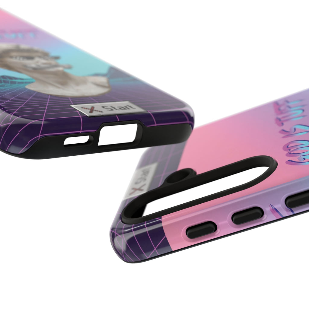 God is Tuff" Vaporwave Christian Phone Case | Aesthetic Statue with Pixel Shades, Retro 80s 90s Synthwave Grid, Gen Z Faith Gift