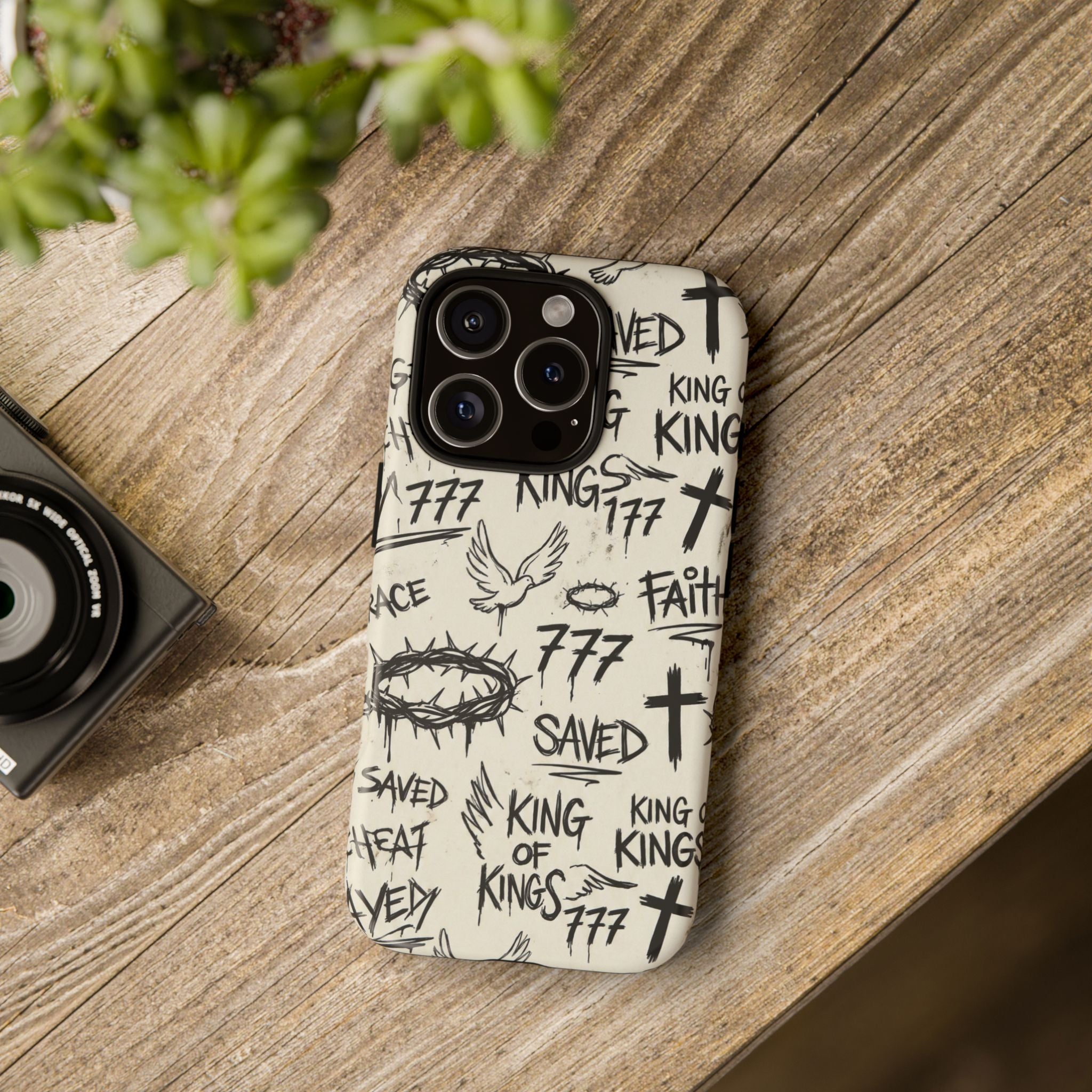 Christian Graffiti Phone Case | "Saved" & "King of Kings" Doodle Art, Urban Streetwear Faith Cover, Modern Religious Sketch Design