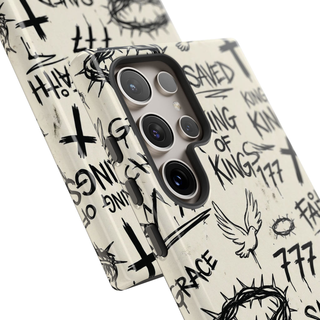 Christian Graffiti Phone Case | "Saved" & "King of Kings" Doodle Art, Urban Streetwear Faith Cover, Modern Religious Sketch Design