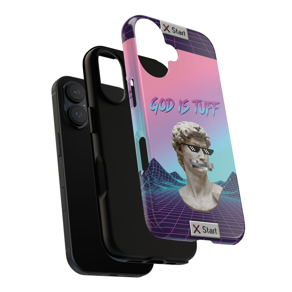 God is Tuff" Vaporwave Christian Phone Case | Aesthetic Statue with Pixel Shades, Retro 80s 90s Synthwave Grid, Gen Z Faith Gift