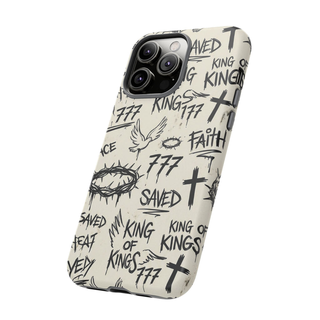 Christian Graffiti Phone Case | "Saved" & "King of Kings" Doodle Art, Urban Streetwear Faith Cover, Modern Religious Sketch Design