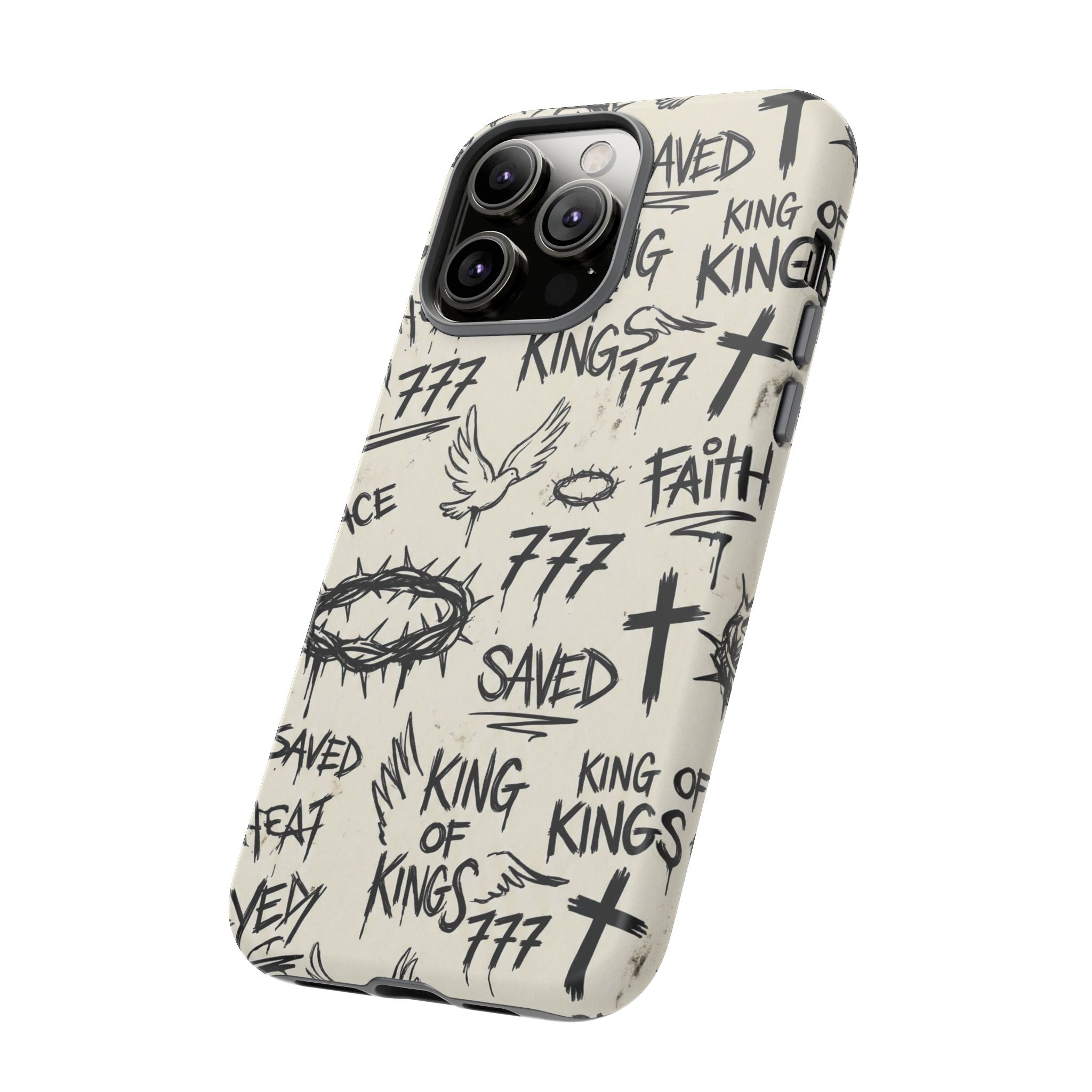 Christian Graffiti Phone Case | "Saved" & "King of Kings" Doodle Art, Urban Streetwear Faith Cover, Modern Religious Sketch Design