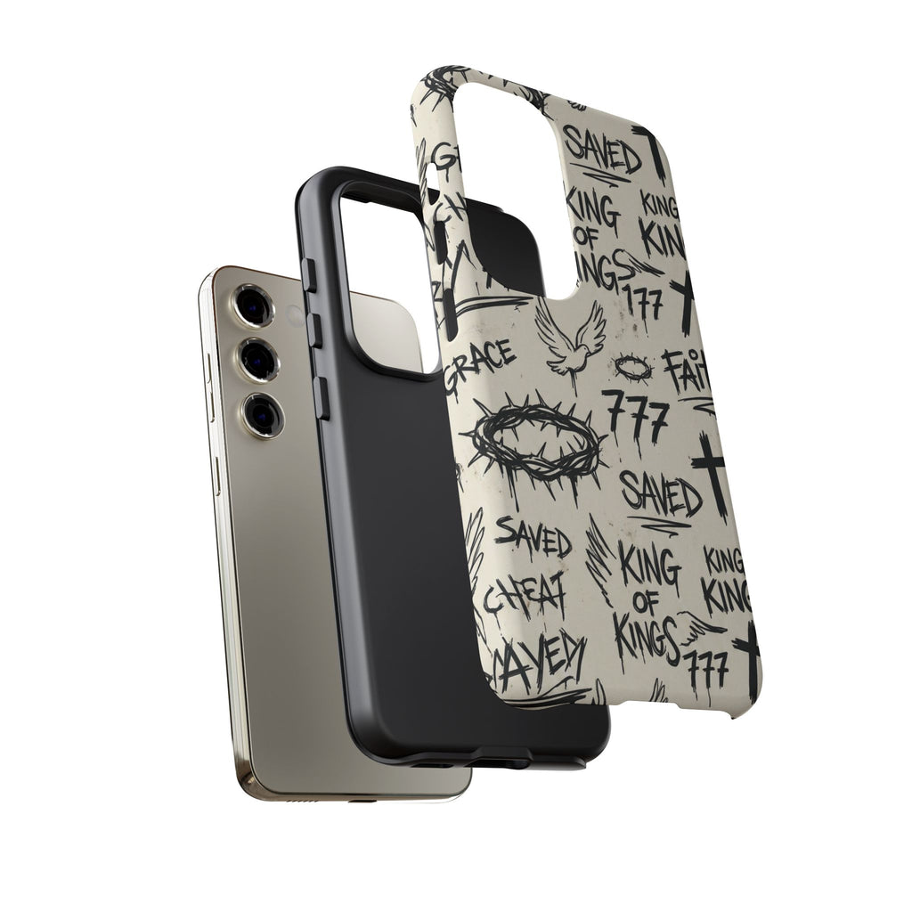 Christian Graffiti Phone Case | "Saved" & "King of Kings" Doodle Art, Urban Streetwear Faith Cover, Modern Religious Sketch Design