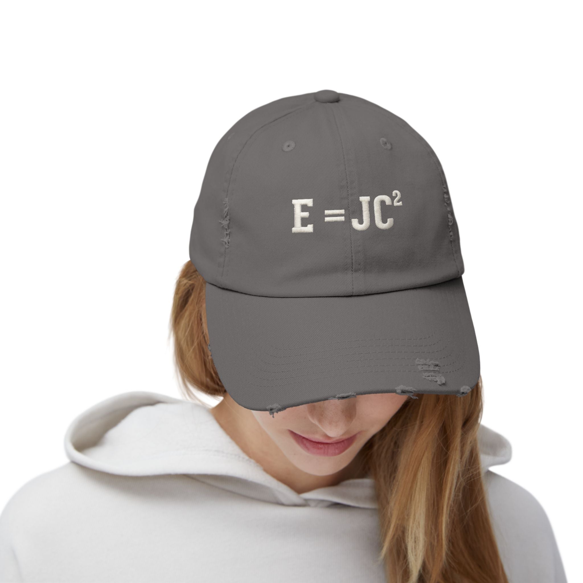 E=JC Cap | Distressed Baseball Hat, Science Equation Embroidered