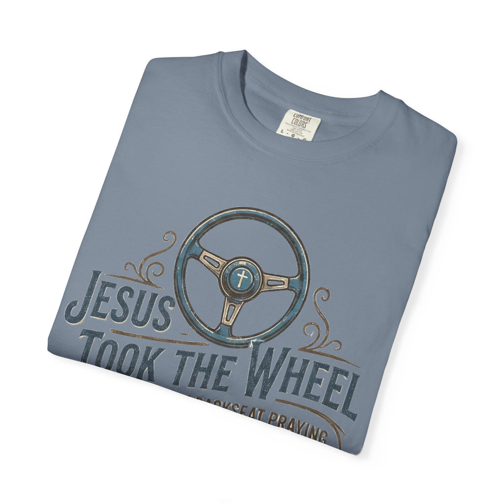 Jesus Took the Wheel steering wheel and vintage truck T-shirt | Christian faith shirt