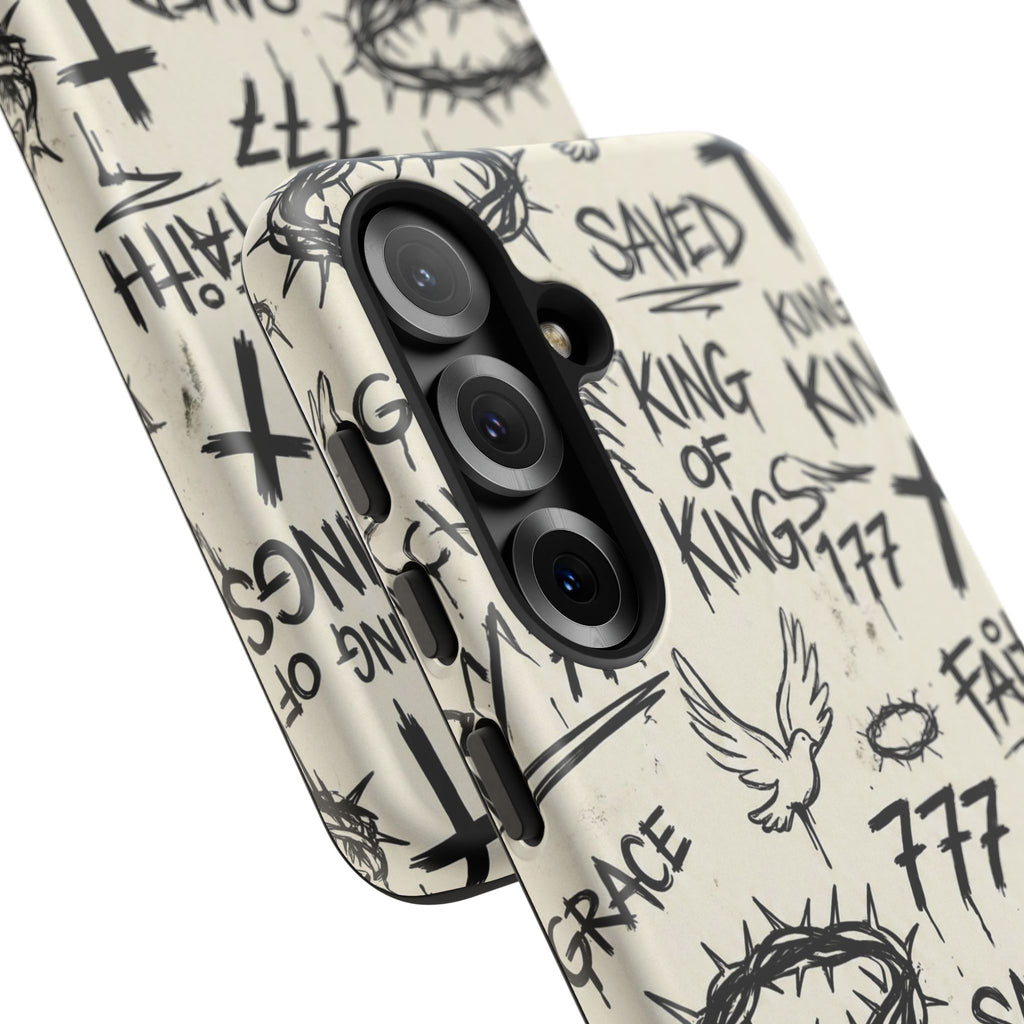 Christian Graffiti Phone Case | "Saved" & "King of Kings" Doodle Art, Urban Streetwear Faith Cover, Modern Religious Sketch Design