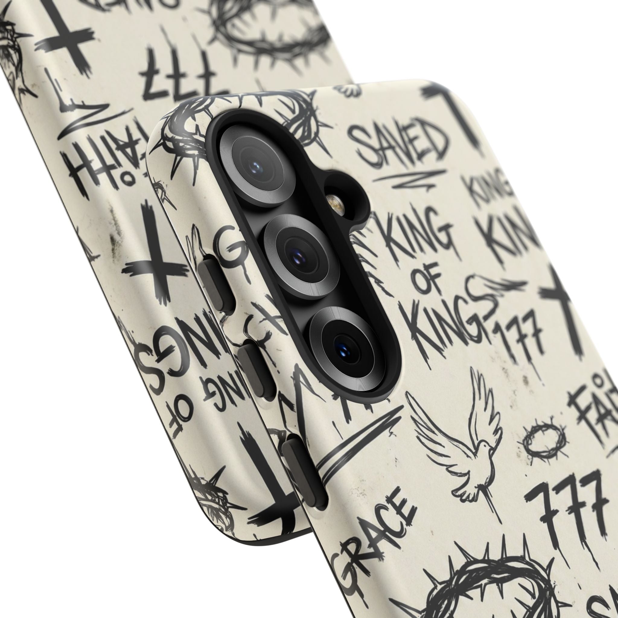 Christian Graffiti Phone Case | "Saved" & "King of Kings" Doodle Art, Urban Streetwear Faith Cover, Modern Religious Sketch Design