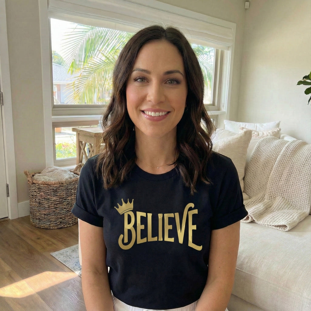 Believe Crown Christian Shirt with hand lettered BELIEVE and a small crown. A soft unisex jersey tee that keeps faith simple, modern, and wearable. Perfect as an encouragement gift or an everyday reminder to keep trusting God.