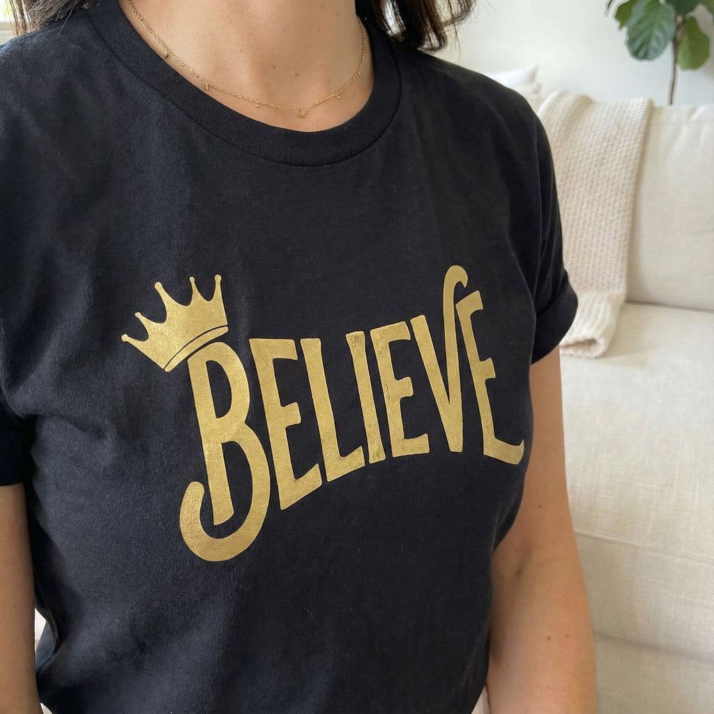 Believe Crown Christian Shirt with hand lettered BELIEVE and a small crown. A soft unisex jersey tee that keeps faith simple, modern, and wearable. Perfect as an encouragement gift or an everyday reminder to keep trusting God.