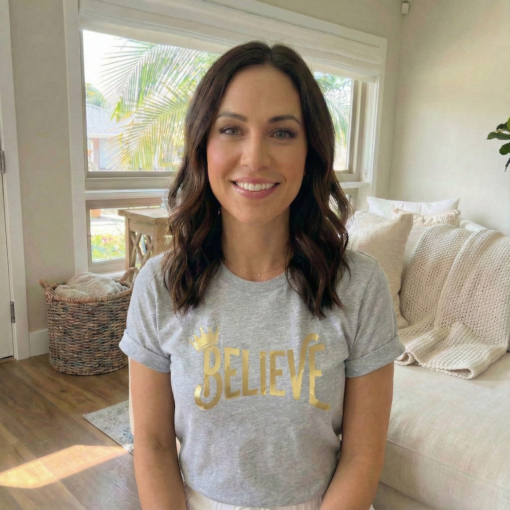 Believe Crown Christian Shirt with hand lettered BELIEVE and a small crown. A soft unisex jersey tee that keeps faith simple, modern, and wearable. Perfect as an encouragement gift or an everyday reminder to keep trusting God.