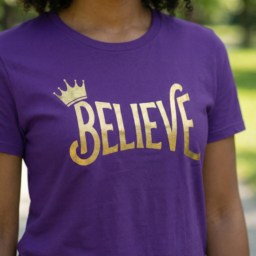 Believe Crown Christian Shirt with hand lettered BELIEVE and a small crown. A soft unisex jersey tee that keeps faith simple, modern, and wearable. Perfect as an encouragement gift or an everyday reminder to keep trusting God.