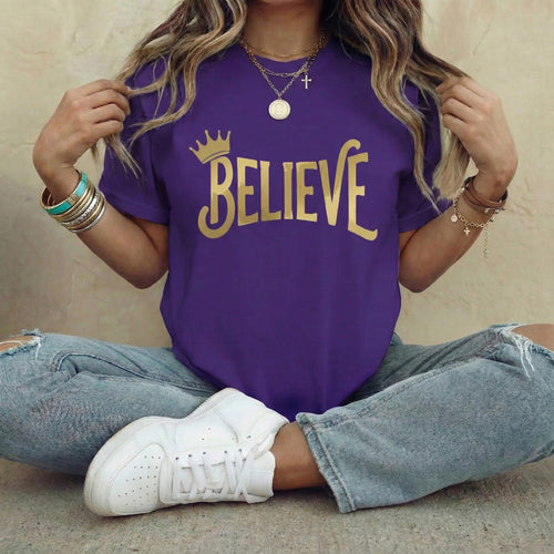 Believe Crown Christian Shirt with hand lettered BELIEVE and a small crown. A soft unisex jersey tee that keeps faith simple, modern, and wearable. Perfect as an encouragement gift or an everyday reminder to keep trusting God.