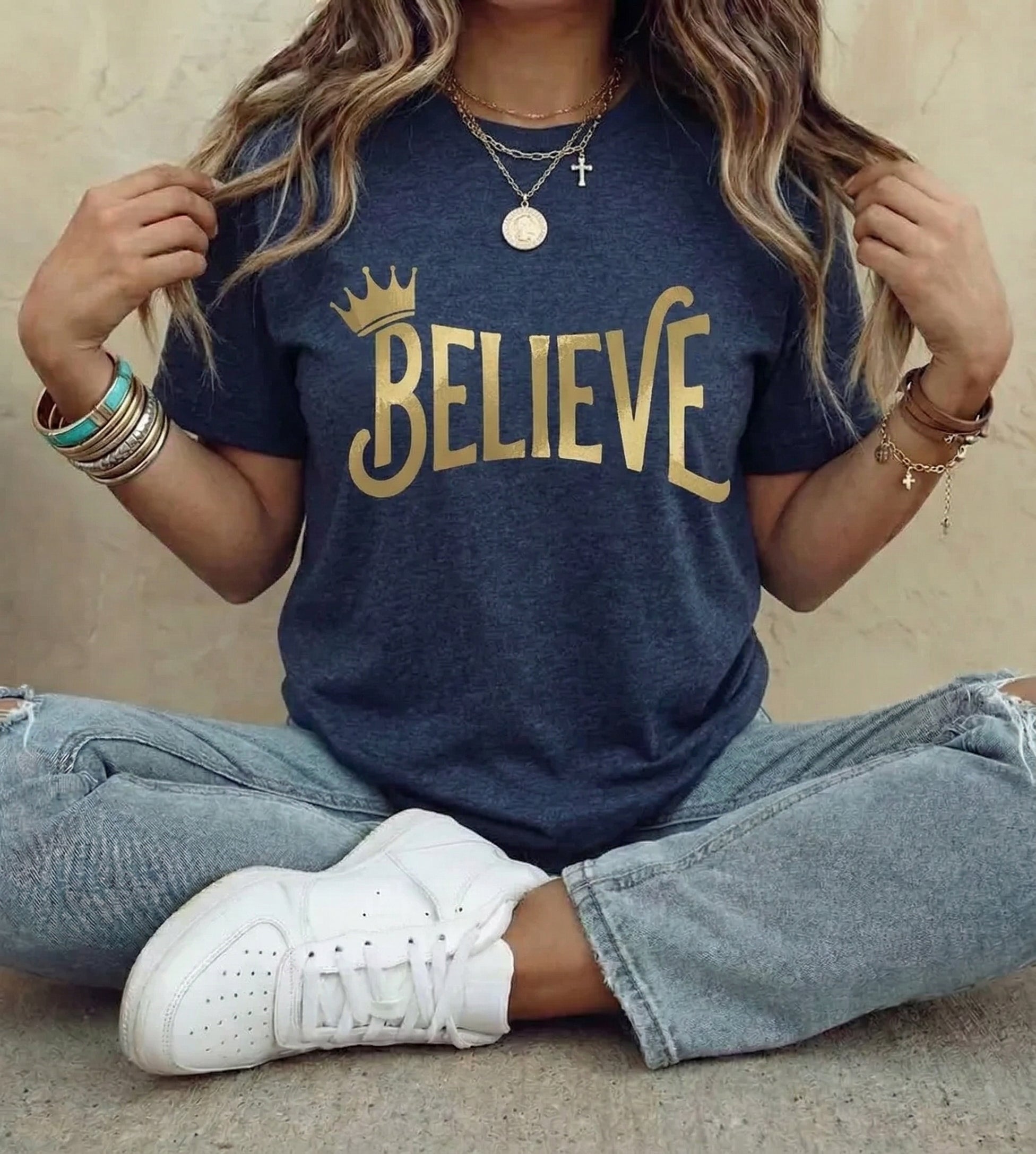 Believe Crown Christian Shirt with hand lettered BELIEVE and a small crown. A soft unisex jersey tee that keeps faith simple, modern, and wearable. Perfect as an encouragement gift or an everyday reminder to keep trusting God.
