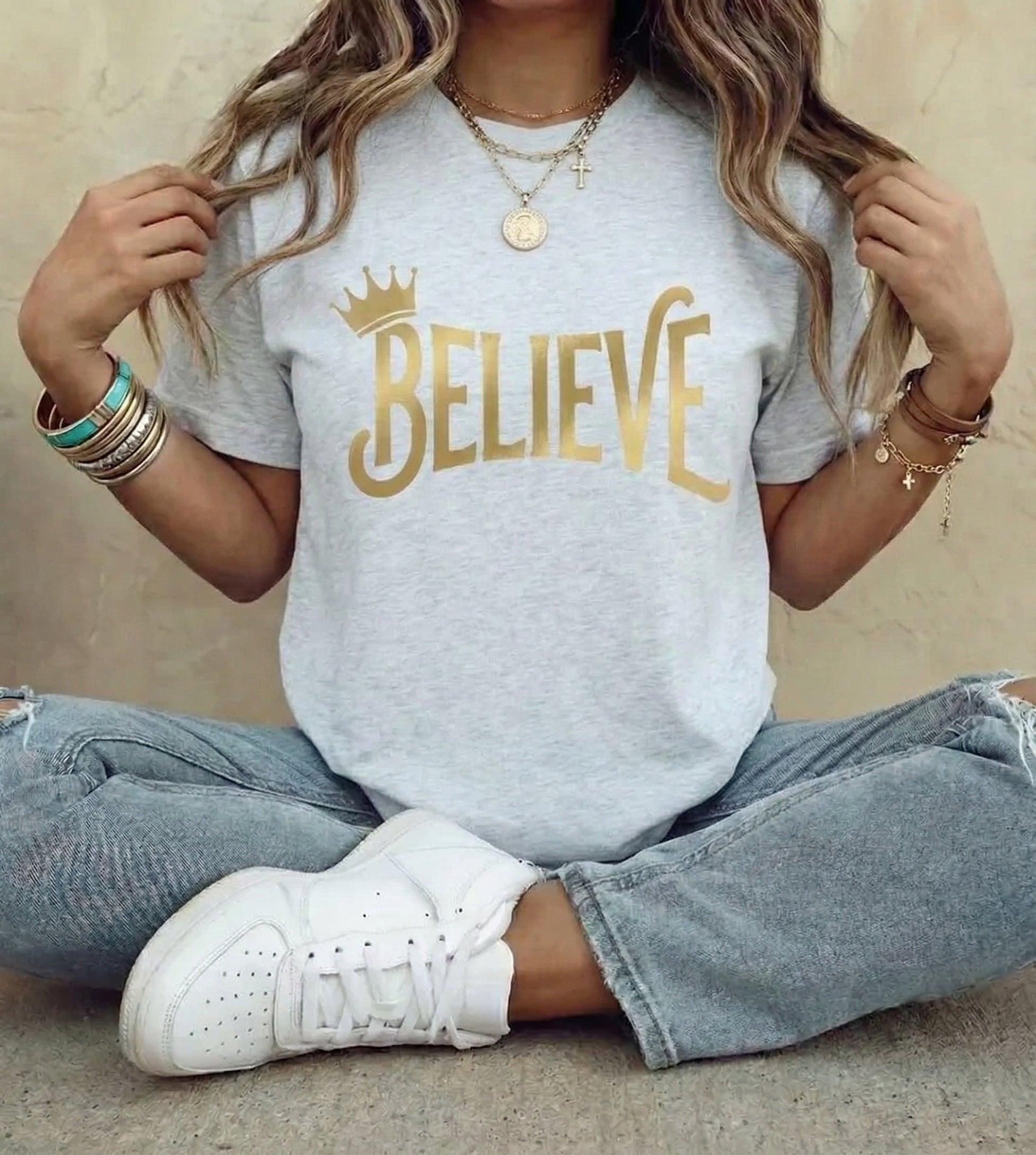 Believe Crown Christian Shirt with hand lettered BELIEVE and a small crown. A soft unisex jersey tee that keeps faith simple, modern, and wearable. Perfect as an encouragement gift or an everyday reminder to keep trusting God.