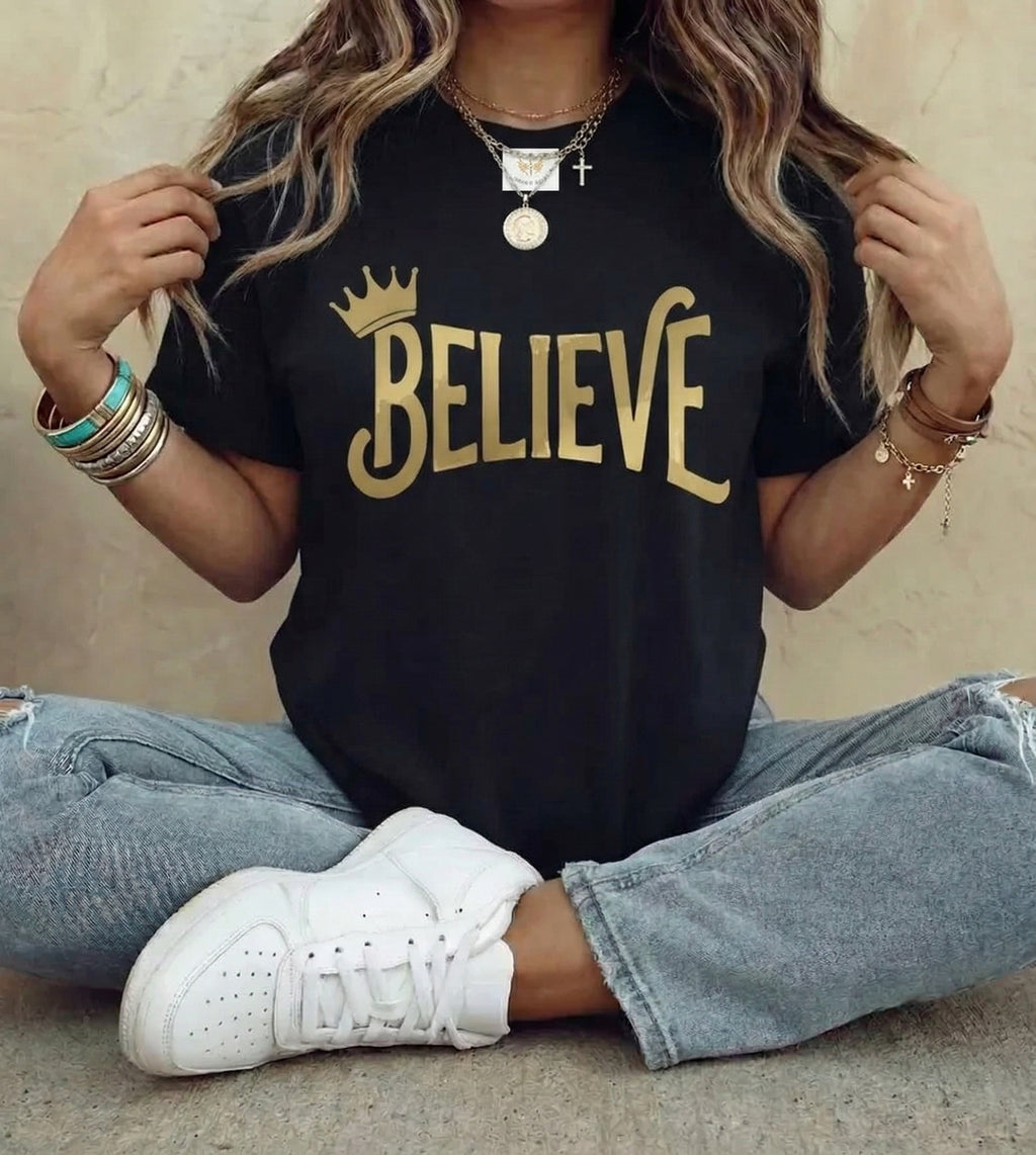 Believe Crown Christian Shirt with hand lettered BELIEVE and a small crown. A soft unisex jersey tee that keeps faith simple, modern, and wearable. Perfect as an encouragement gift or an everyday reminder to keep trusting God.