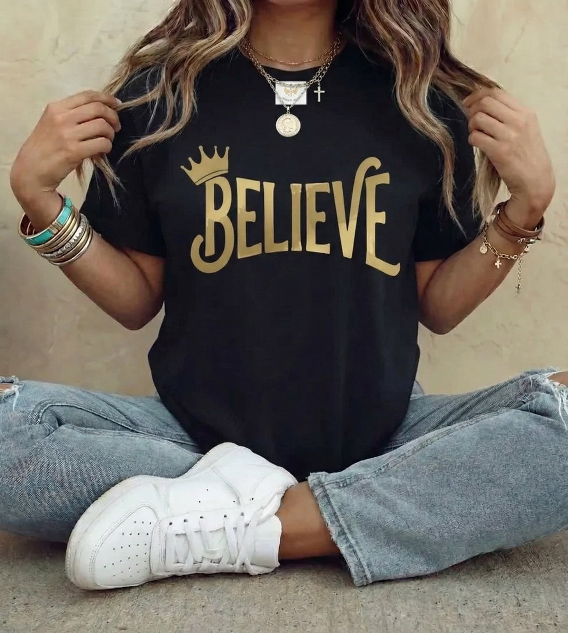 Believe Crown Christian Shirt with hand lettered BELIEVE and a small crown. A soft unisex jersey tee that keeps faith simple, modern, and wearable. Perfect as an encouragement gift or an everyday reminder to keep trusting God.