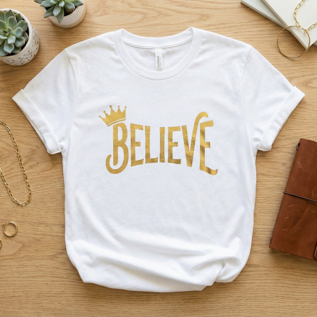 Believe Crown Christian Shirt with hand lettered BELIEVE and a small crown. A soft unisex jersey tee that keeps faith simple, modern, and wearable. Perfect as an encouragement gift or an everyday reminder to keep trusting God.