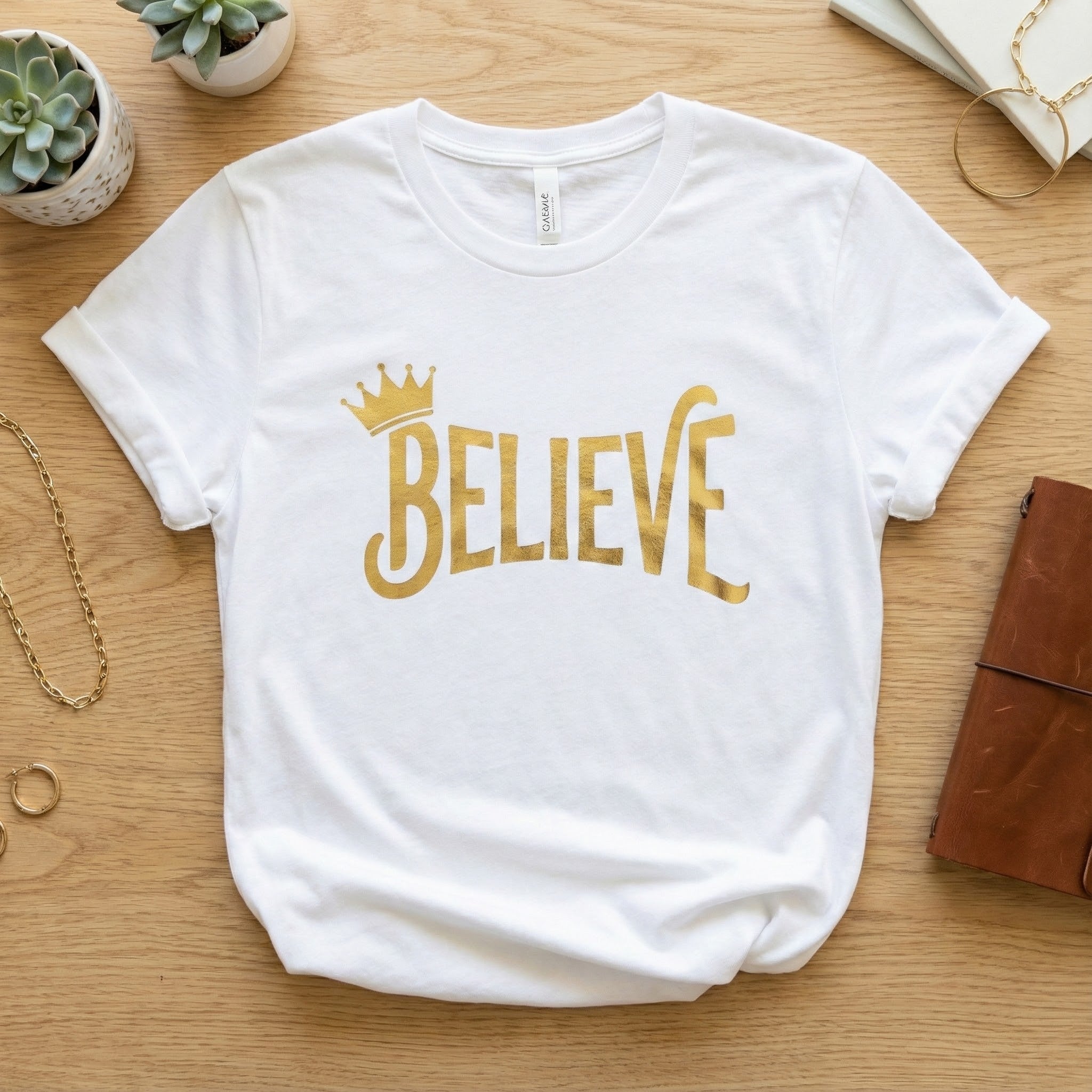 Believe Crown Christian Shirt, Gold Believe T Shirt for Women, Jesus Faith Graphic Tee, Christian Streetwear, Inspirational Gift