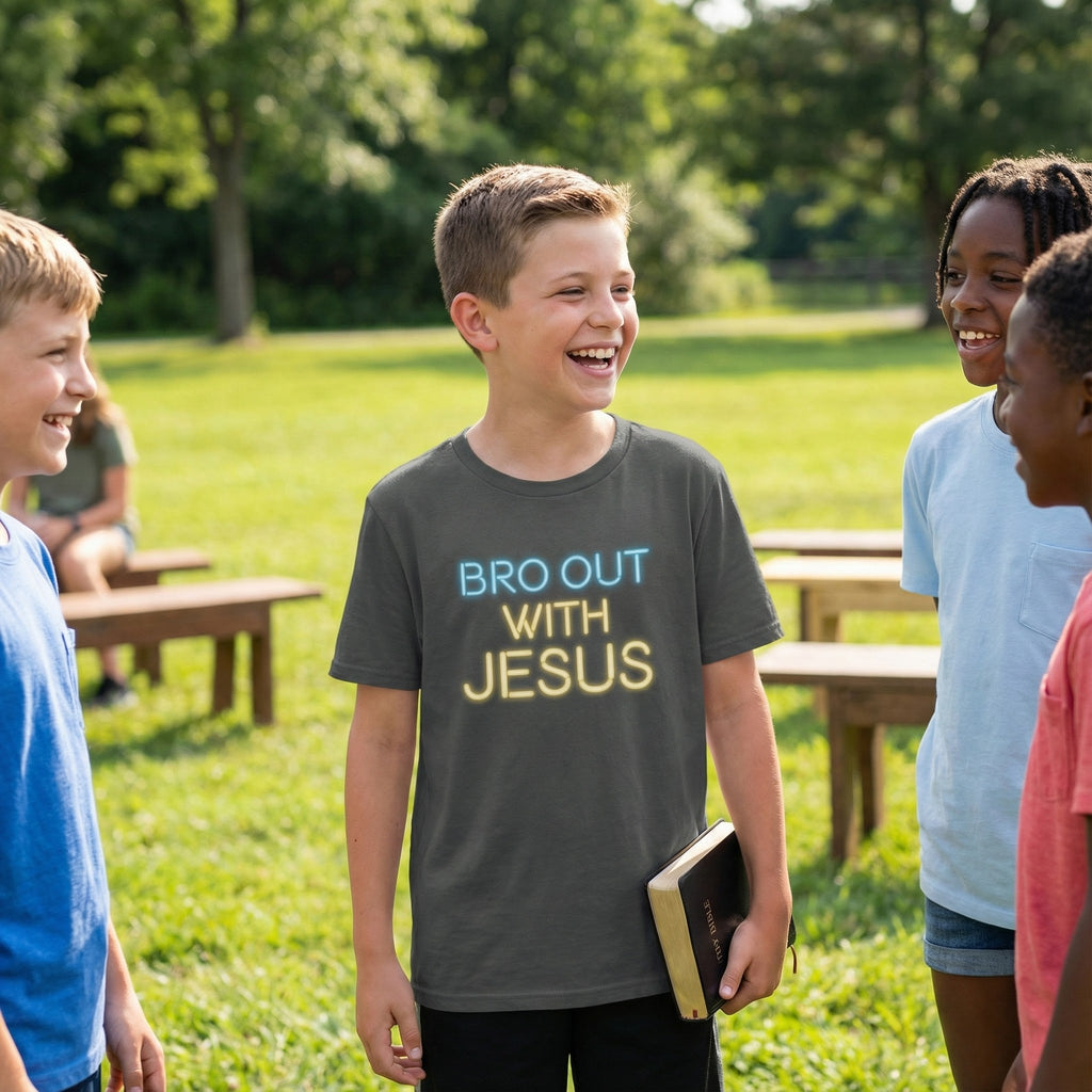 Bro Out With Jesus Youth Shirt, Funny Christian Tee for Boys, Youth Group Camp Shirt, Teen Faith Gift, Church Youth Ministry Top