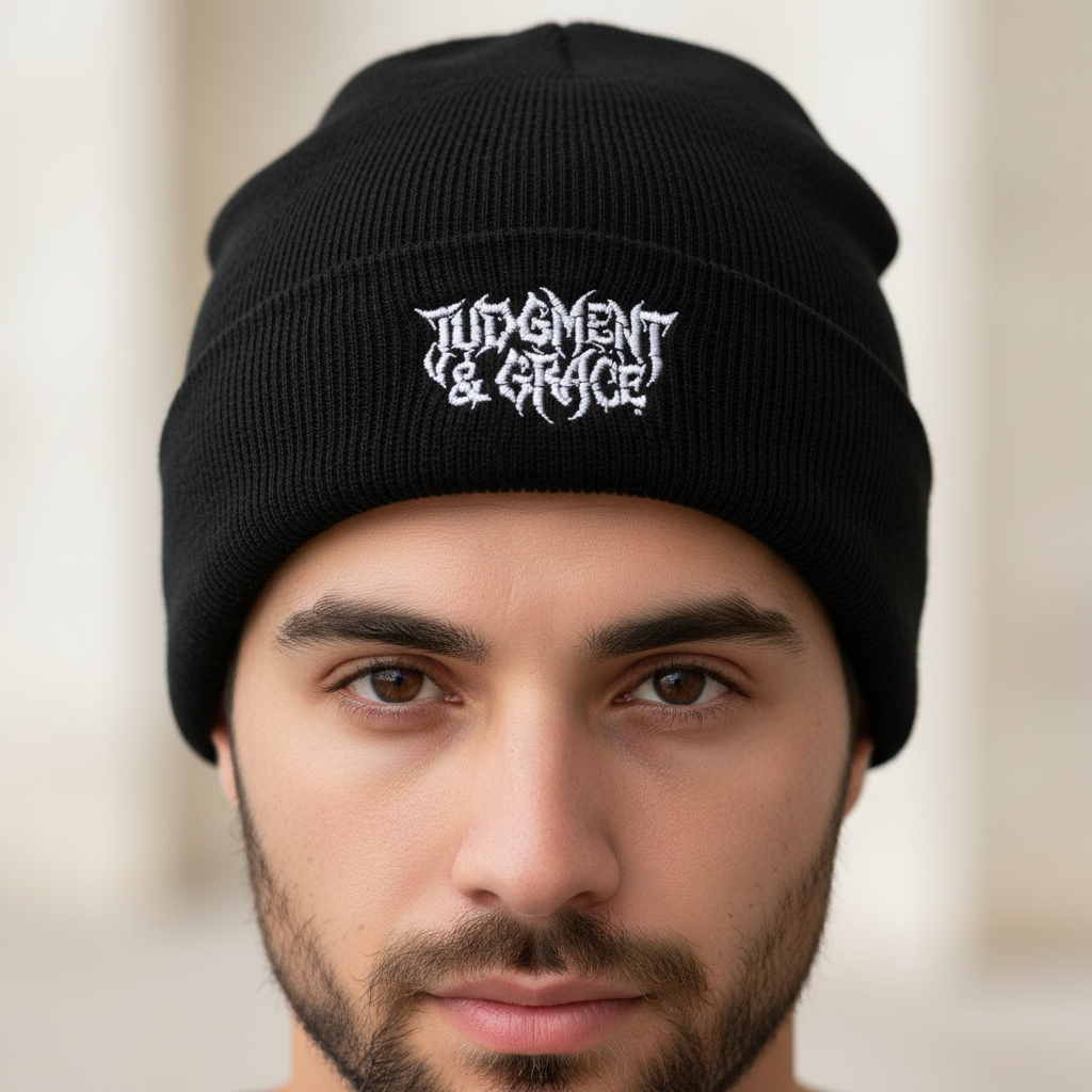 Judgement & Grace Beanie, Embroidered Black Cuffed Knit Hat, Gothic Christian Streetwear, Winter Faith Hat, Minimal Religious Gift