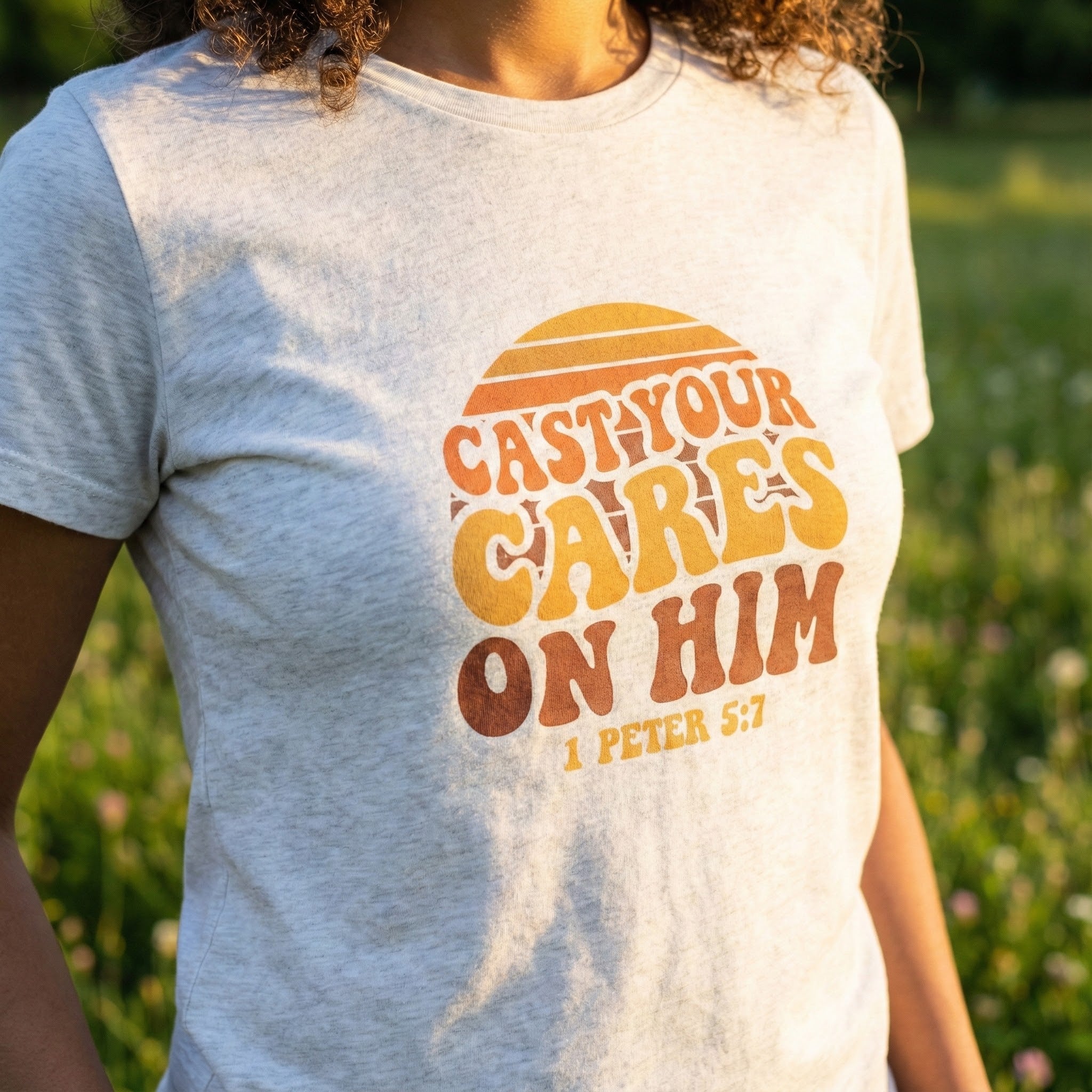 Cast Your Cares on Him T-Shirt | Bible Verse 1 Peter 5:7 Retro Sunset