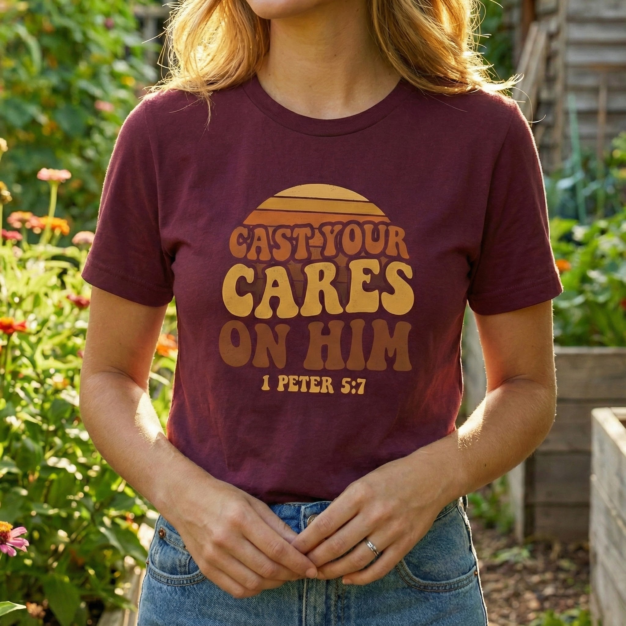 Cast Your Cares on Him T-Shirt | Bible Verse 1 Peter 5:7 Retro Sunset