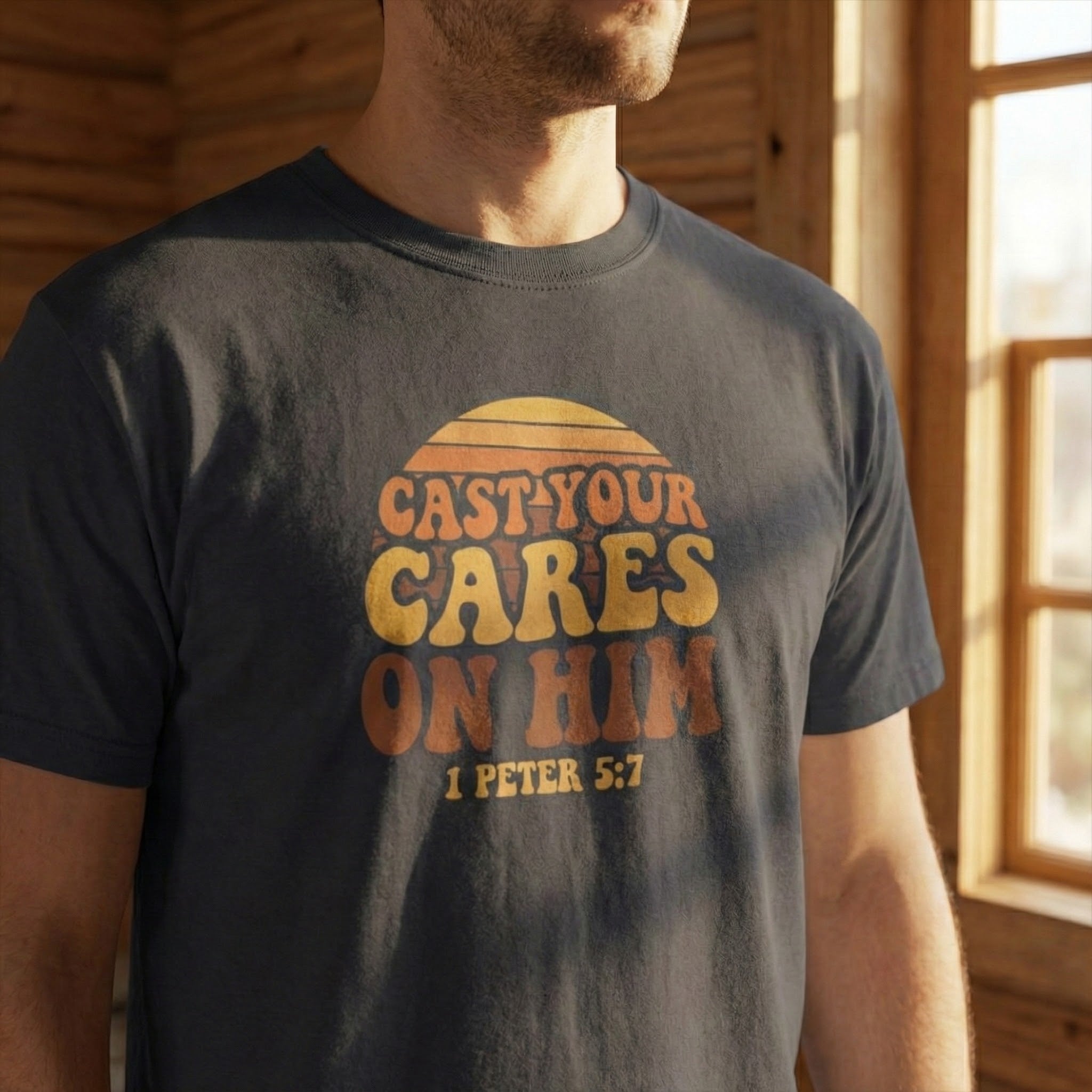 Cast Your Cares on Him T-Shirt | Bible Verse 1 Peter 5:7 Retro Sunset