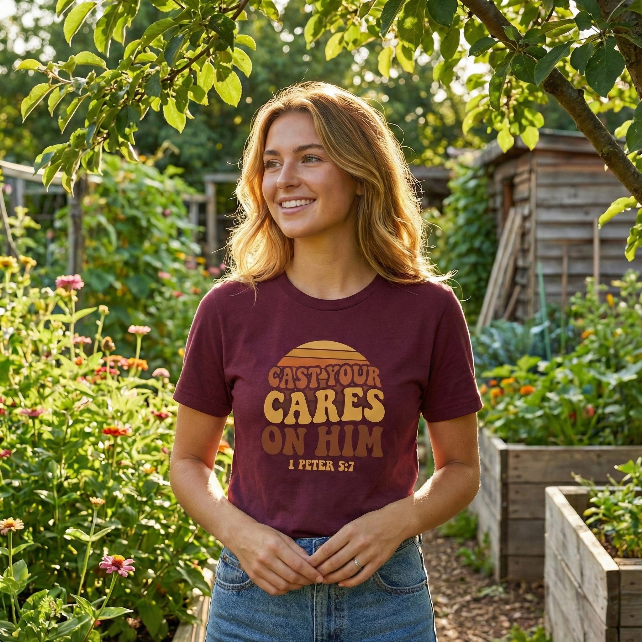 Cast Your Cares on Him T-Shirt | Bible Verse 1 Peter 5:7 Retro Sunset