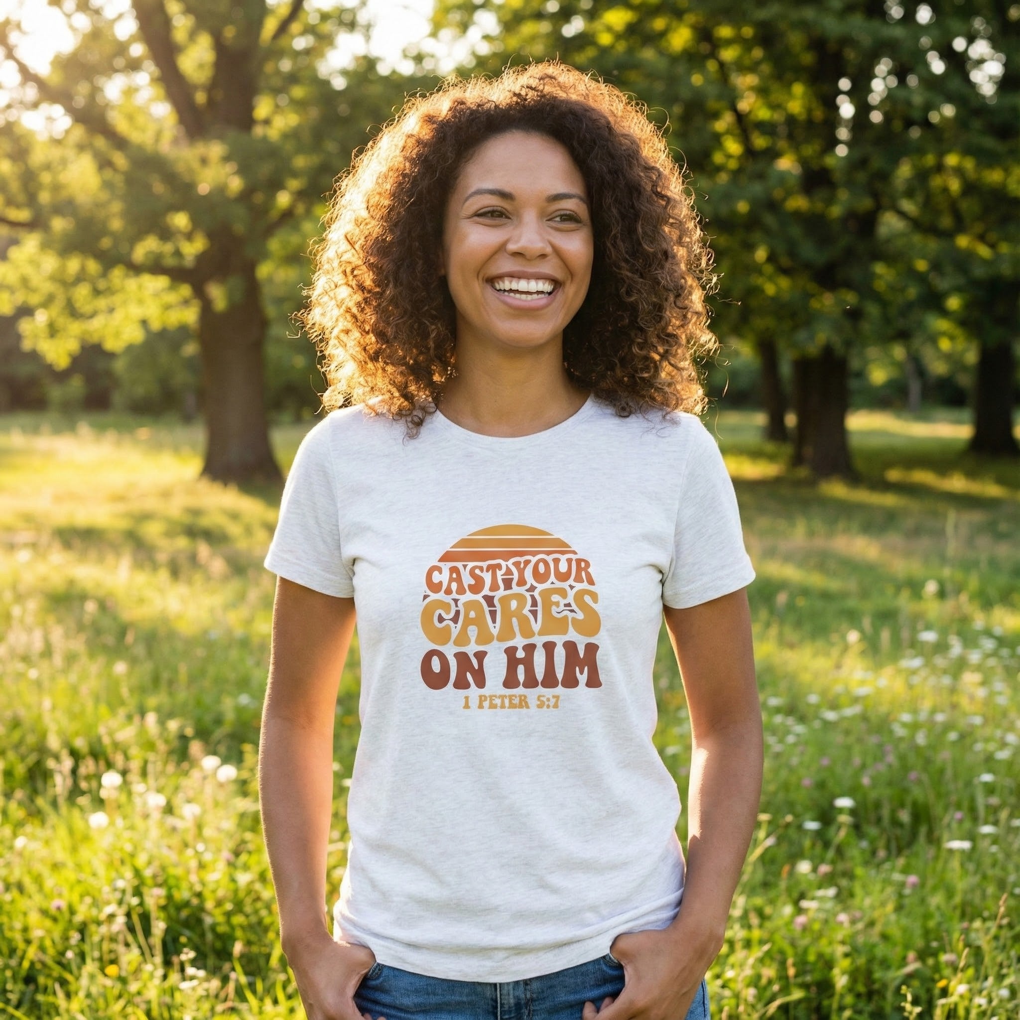 Cast Your Cares on Him T-Shirt | Bible Verse 1 Peter 5:7 Retro Sunset
