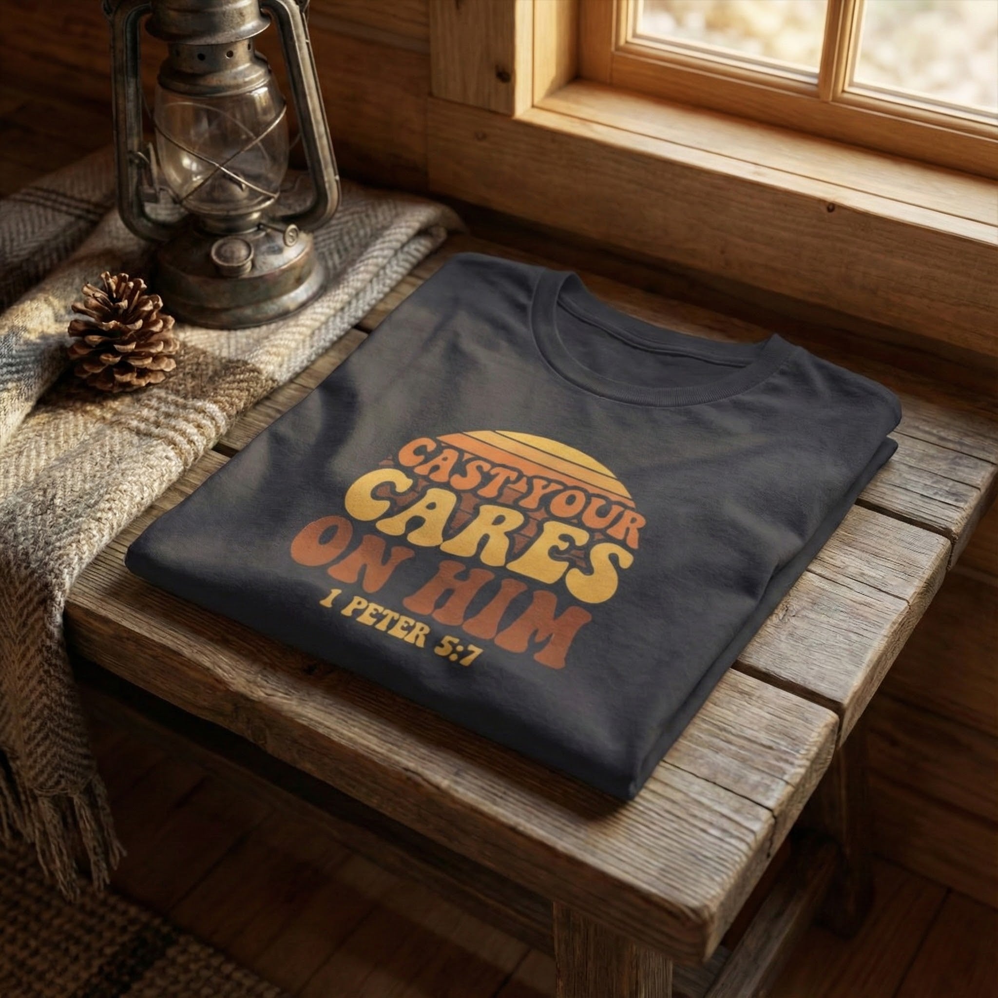 Cast Your Cares on Him T-Shirt | Bible Verse 1 Peter 5:7 Retro Sunset