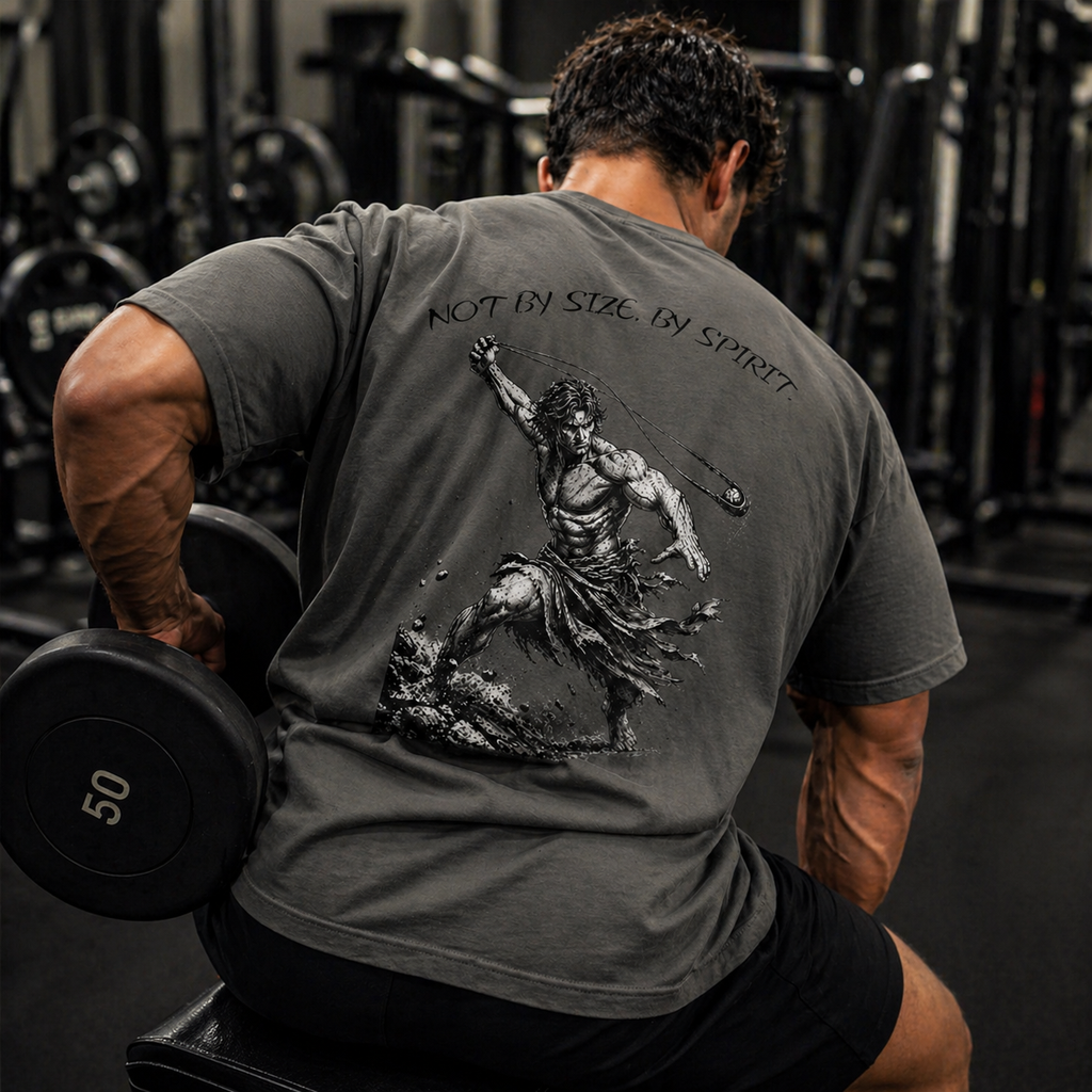 David Sling Shirt, Not By Size By Spirit Christian Tee, 1 Samuel 17 45 Gym Pump Cover, Faith Workout Shirt, Biblical Streetwear