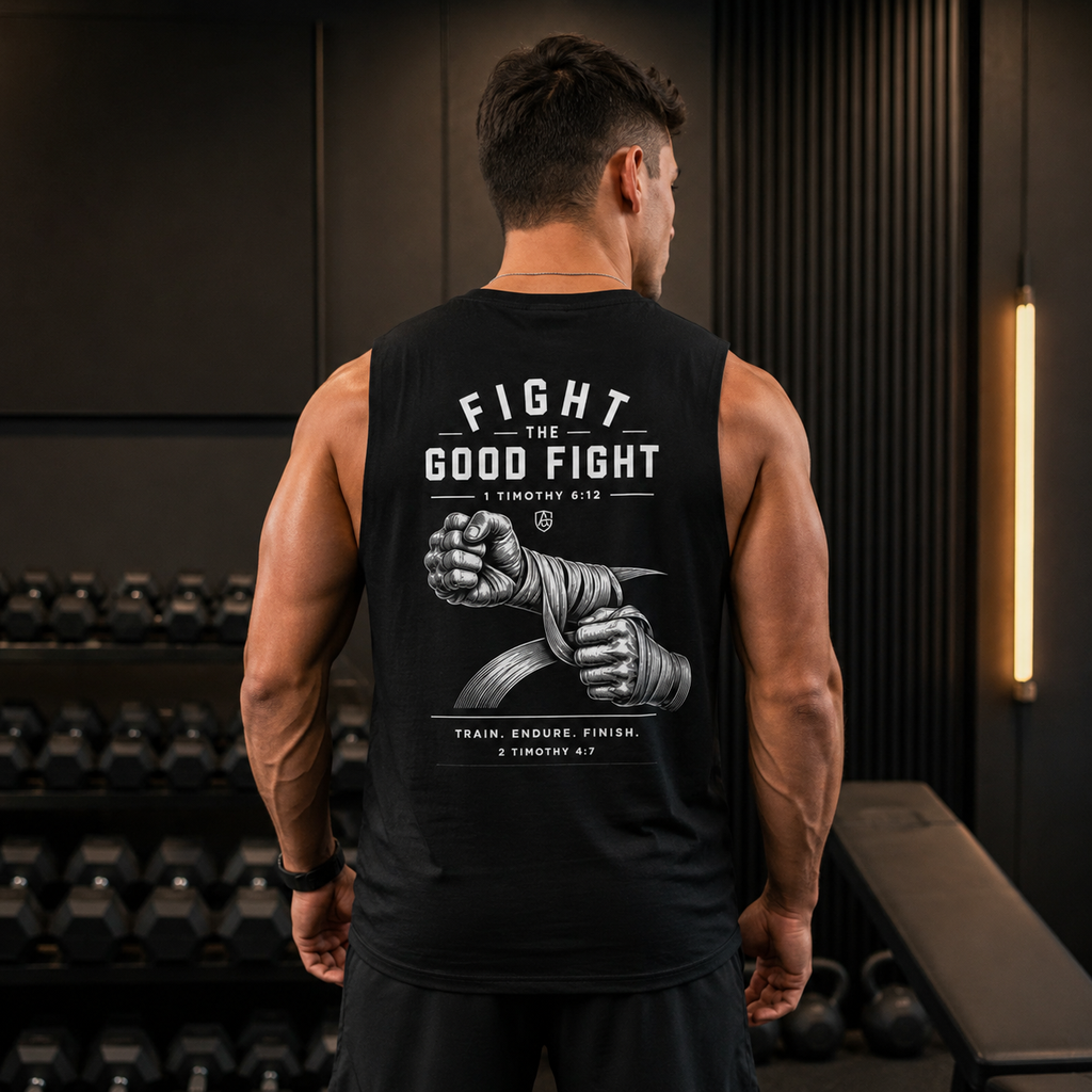 Good Fight Training Club Tank, Christian Gym Tank, 1 Timothy 6:12 Shirt, Faith Workout Shirt, Bible Verse Muscle Tank, Mens Activewear