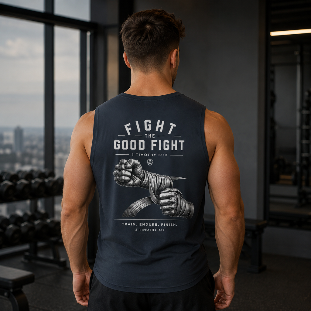Good Fight Training Club Tank, Christian Gym Tank, 1 Timothy 6:12 Shirt, Faith Workout Shirt, Bible Verse Muscle Tank, Mens Activewear