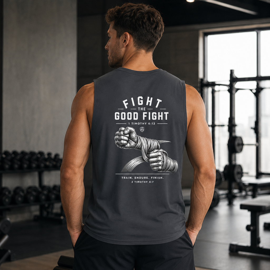 Good Fight Training Club Tank, Christian Gym Tank, 1 Timothy 6:12 Shirt, Faith Workout Shirt, Bible Verse Muscle Tank, Mens Activewear