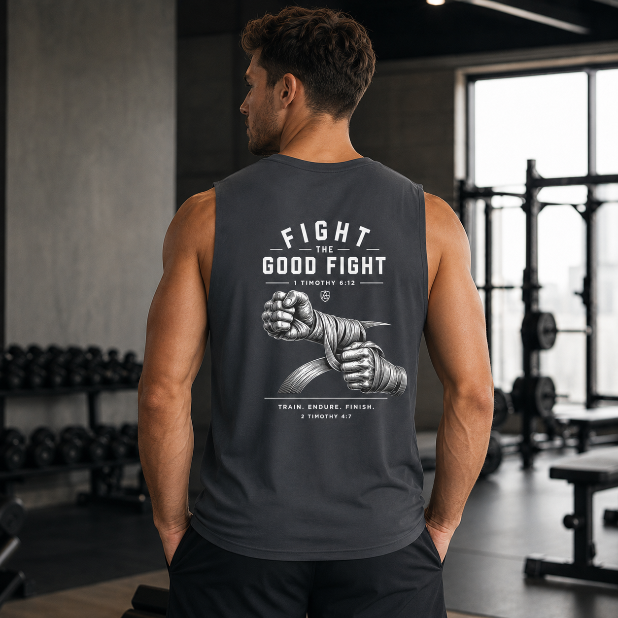 Good Fight Training Club Tank, Christian Gym Tank, 1 Timothy 6:12 Shirt, Faith Workout Shirt, Bible Verse Muscle Tank, Mens Activewear