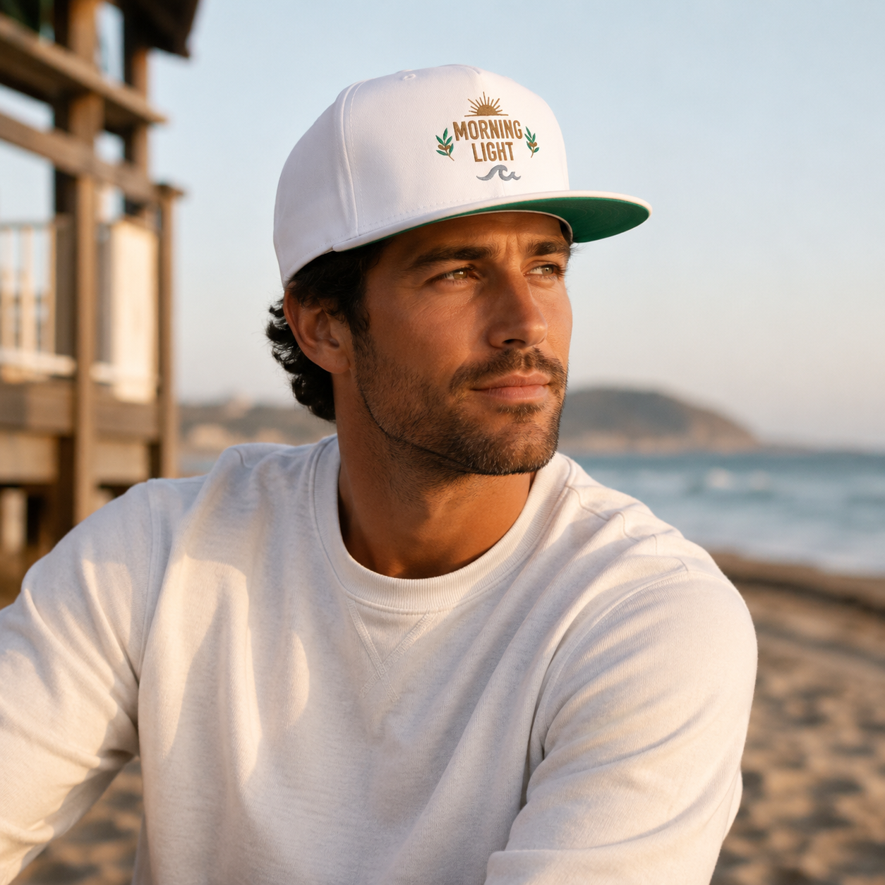 Morning Light embroidered flat bill cap | sun, laurel, wave design