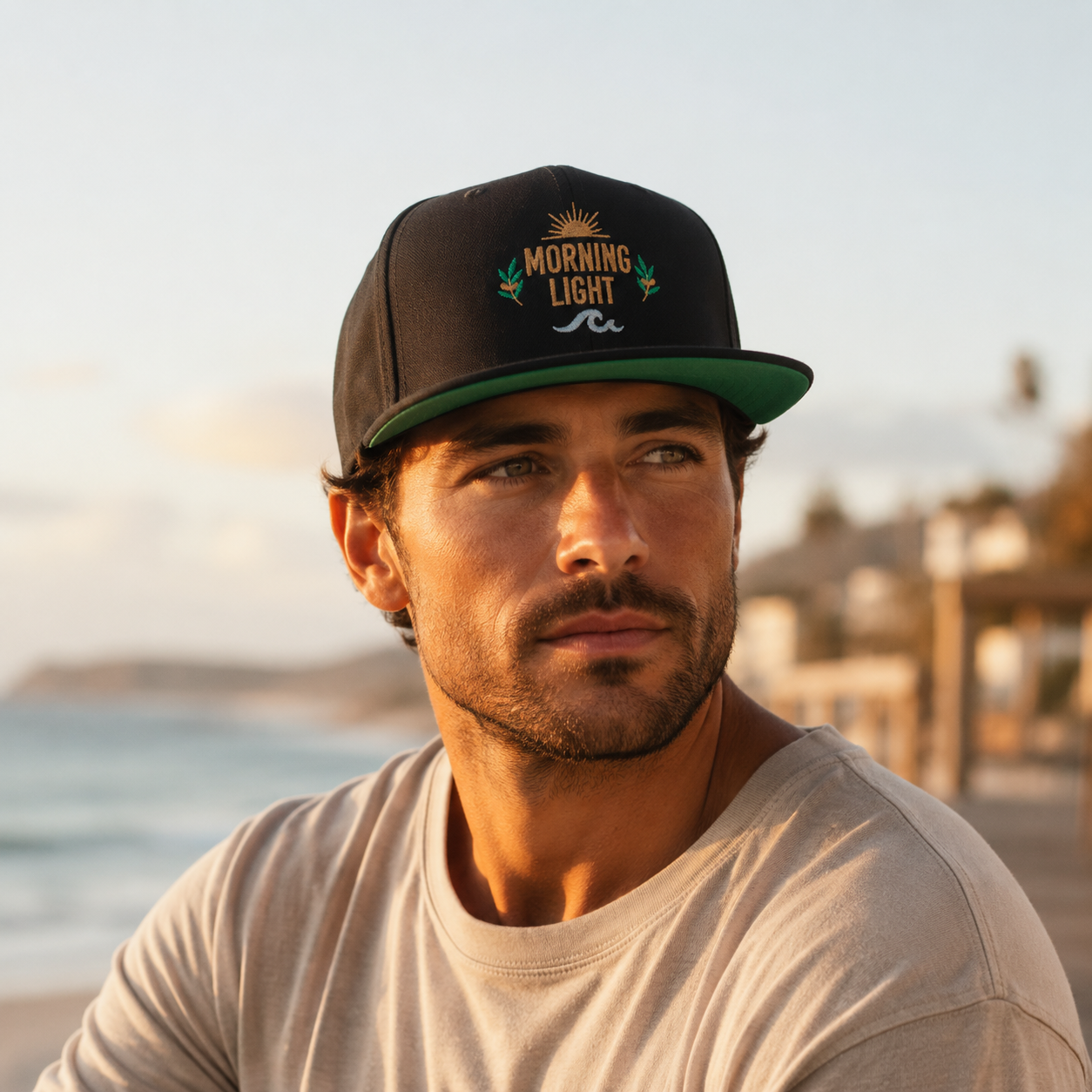 Morning Light embroidered flat bill cap | sun, laurel, wave design