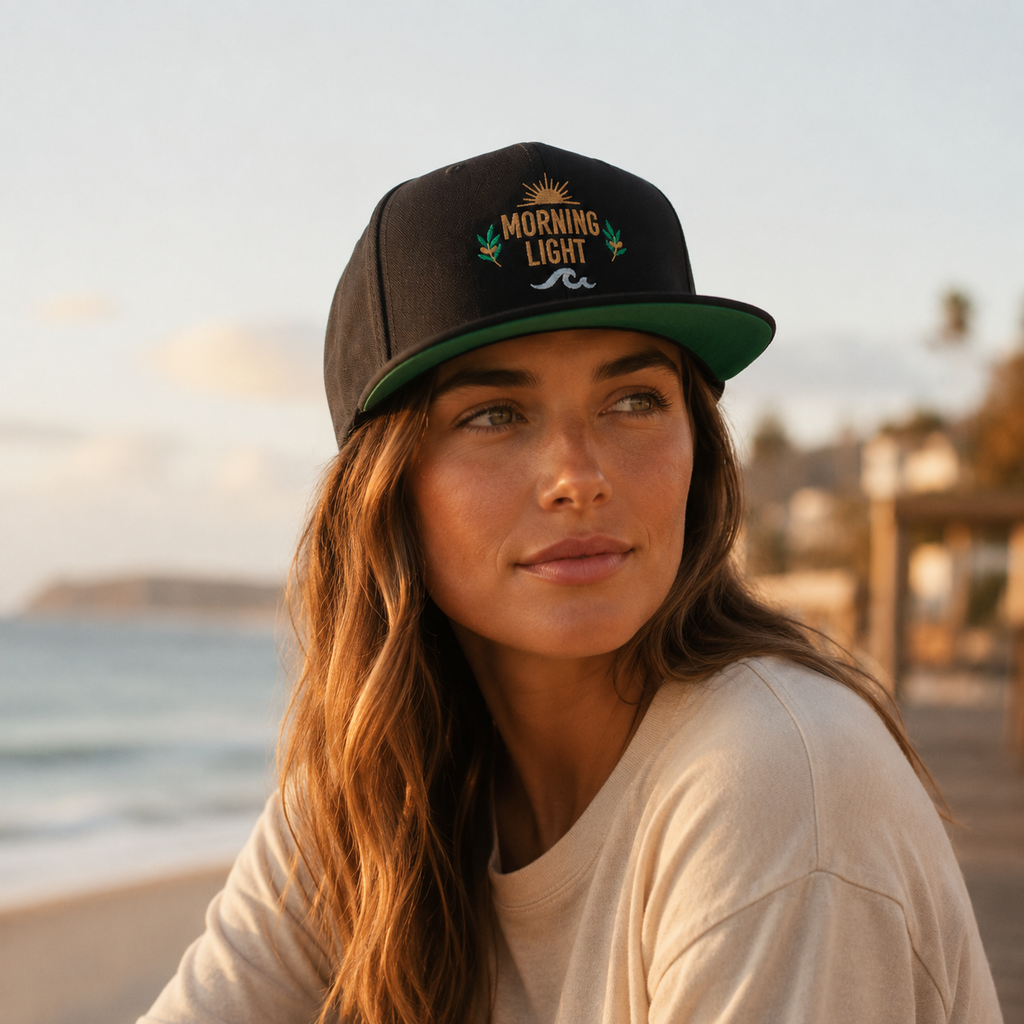 Morning Light embroidered flat bill cap | sun, laurel, wave design