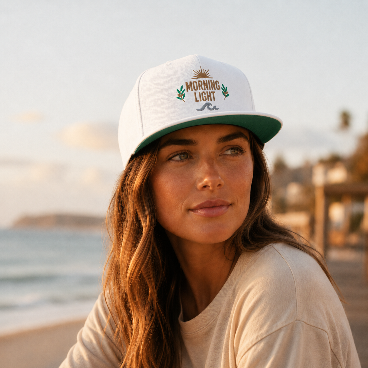 Morning Light embroidered flat bill cap | sun, laurel, wave design