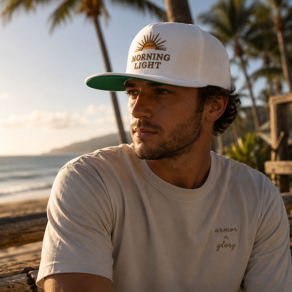 Morning Light Hat, Christian Embroidered Cap, Faith Sunrise Hat, Minimalist Christian Hat, Scripture Inspired Apparel, Unisex Flat Bill Cap