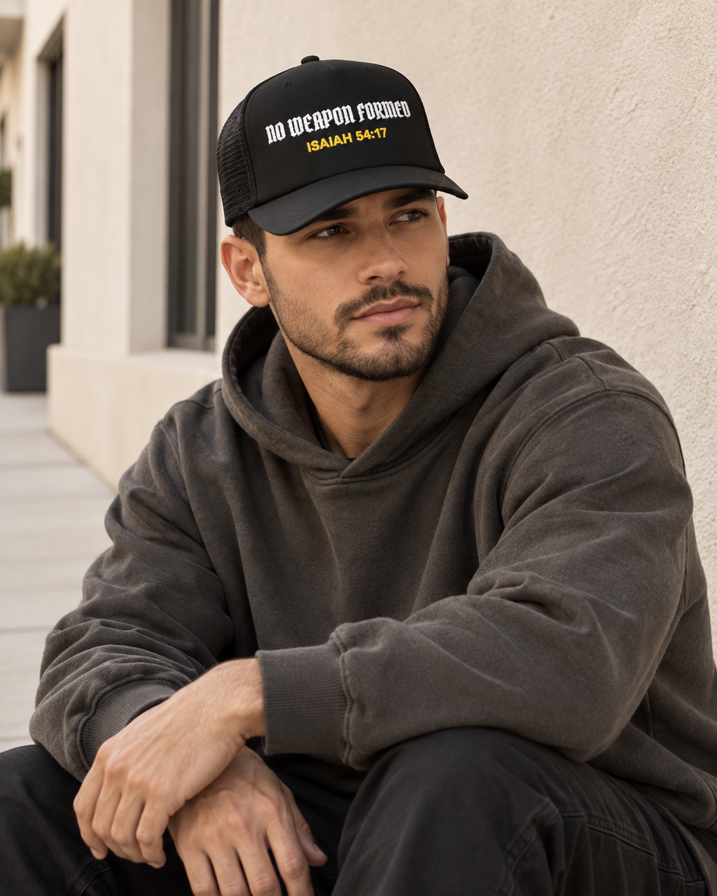 NO WEAPON FORMED Christian Foam Trucker Hat