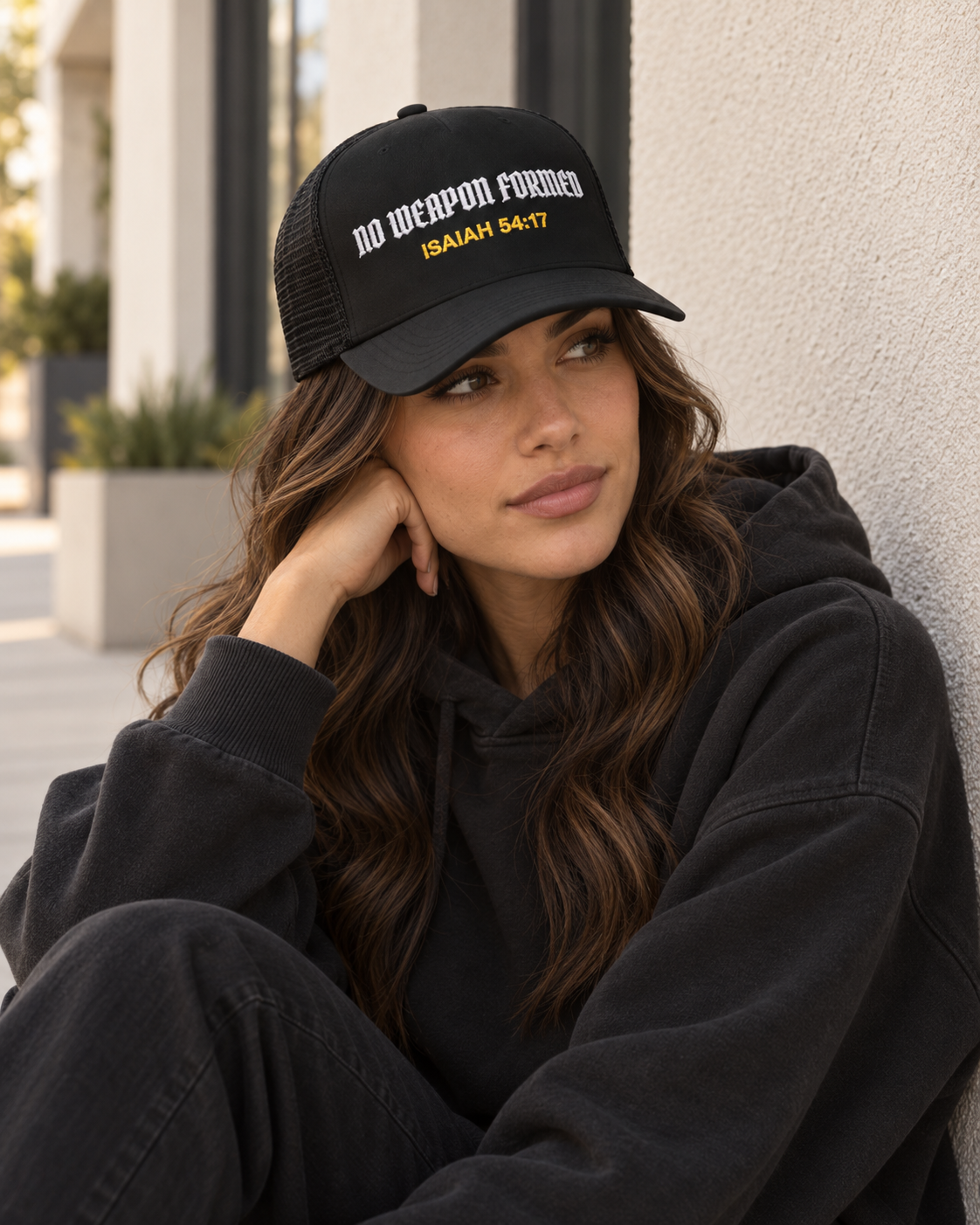 NO WEAPON FORMED Christian Foam Trucker Hat