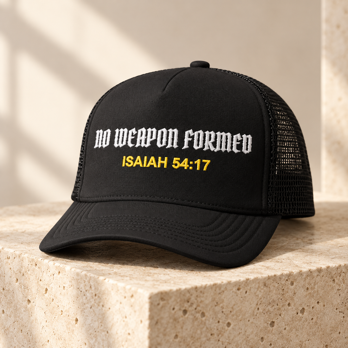 NO WEAPON FORMED Christian Foam Trucker Hat