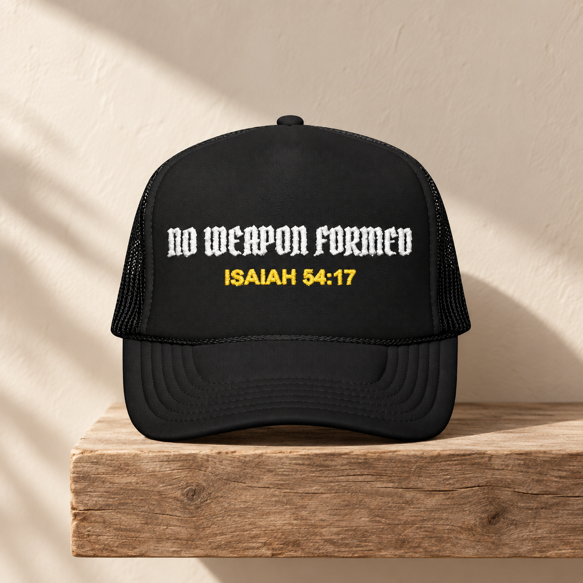 NO WEAPON FORMED Christian Foam Trucker Hat