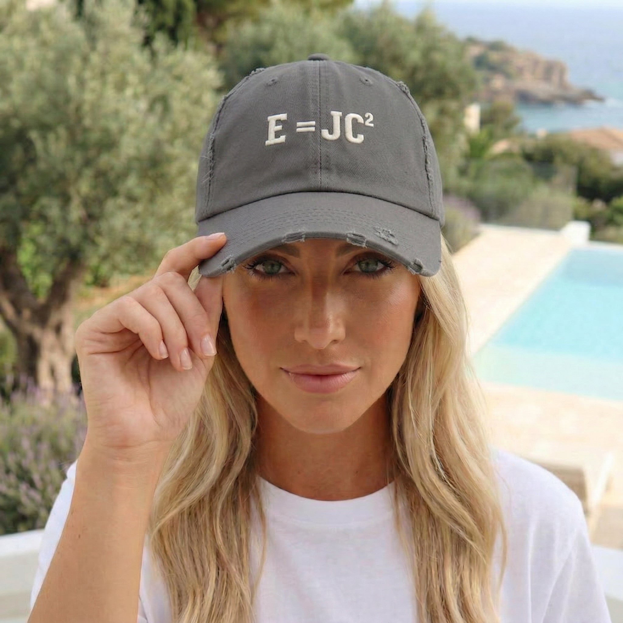 E=JC Cap | Distressed Baseball Hat, Science Equation Embroidered