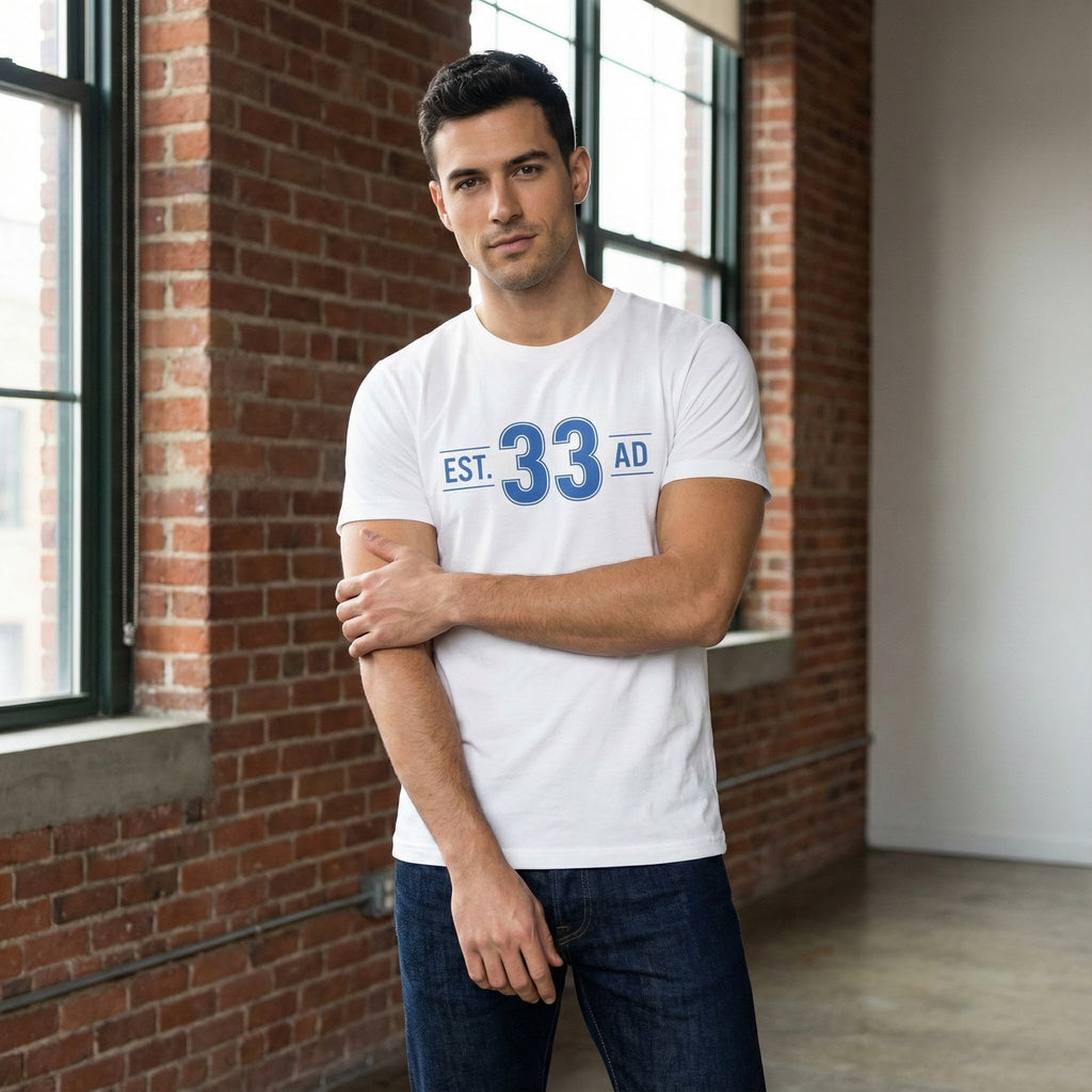 Est 33 AD Christian T Shirt, Vintage Athletic Number Tee, Jesus Faith Graphic Shirt, Retro Collegiate Tee, Christian Gift for Him Her