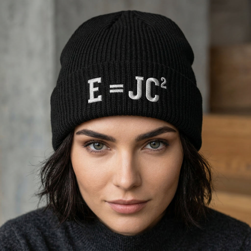 Christian Math Beanie E = JC Squared Embroidered Knit Hat, Eternity Jesus Christ Second Coming, Faith Science Beanie, Christian Nerd Gift