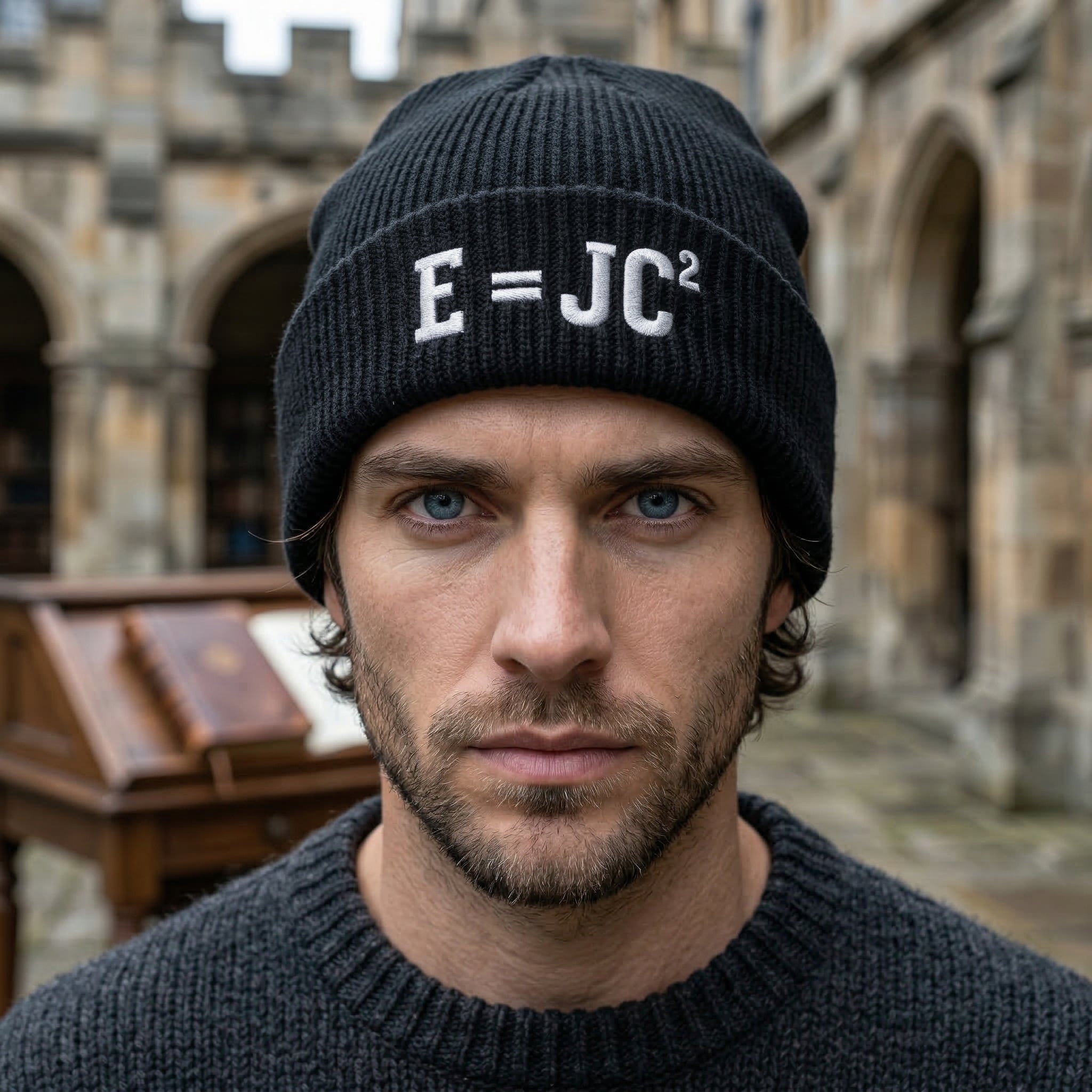 Christian Math Beanie E = JC Squared Embroidered Knit Hat, Eternity Jesus Christ Second Coming, Faith Science Beanie, Christian Nerd Gift