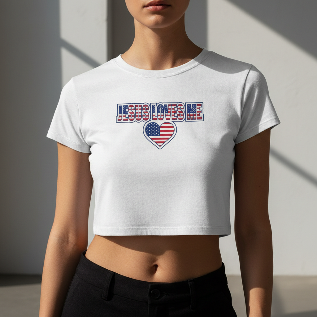 Jesus Loves Me Baby Tee, Patriotic Christian Crop Top, American Flag Heart Faith Shirt